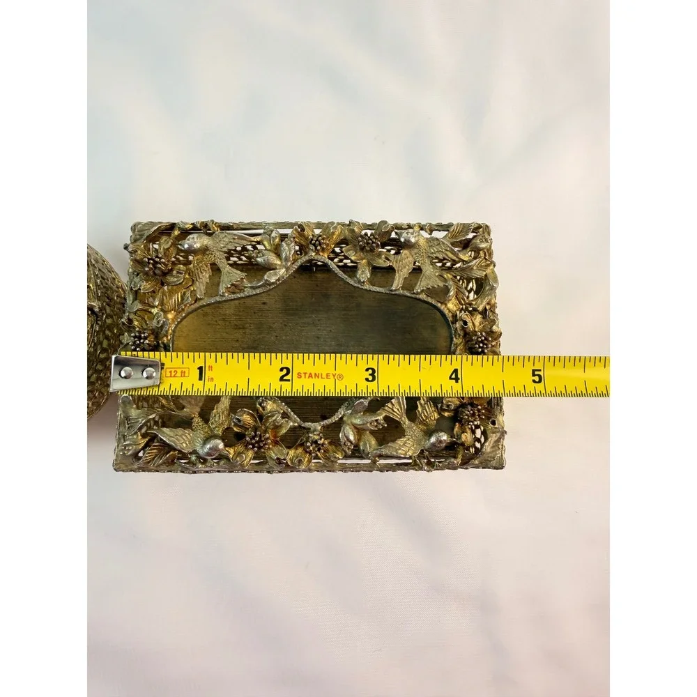 Vintage Hollywood Regency Gold Filigree Bird Flower Tissue Box & Trinket Jar Set